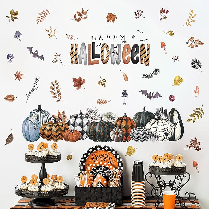 clothmile 40.15 x 38.58 Inch Happy Halloween Pumpkins Wall Decals Halloween Leaves Bat Spider Wall Stickers Halloween Removable Wall Sticker for Halloween Party Supplies Home Wall Decor-Ruum Studio Home