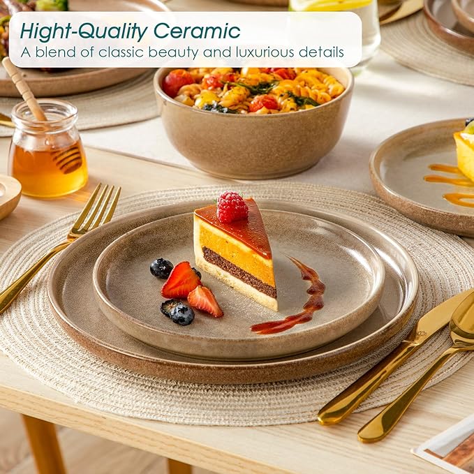 vancasso ANYA 18 Pieces Plates and Bowls Set, Caramel Dinnerware Sets, Reactive Glaze Dishes Set for 6, Ceramic Dishware Sets Kitchen Dinner Set, Microwave & Dishwasher Safe-Ruum Studio Home