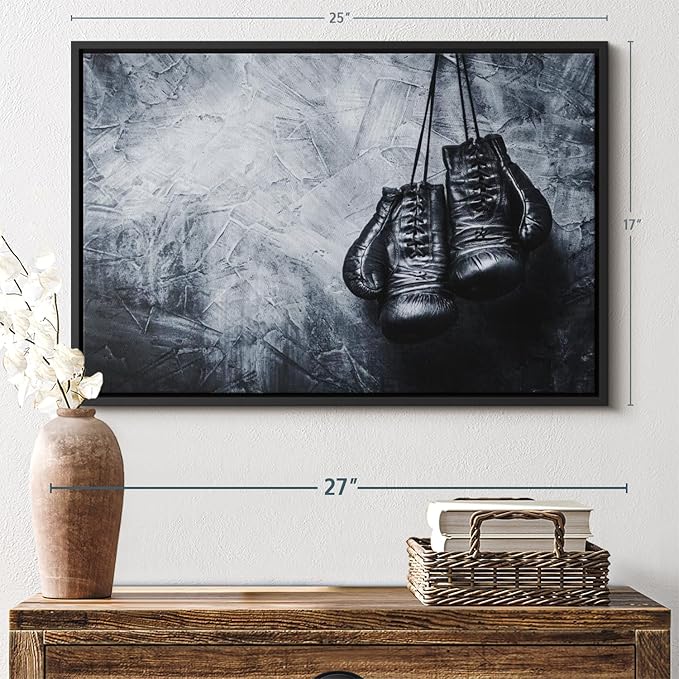 ElephantStock Boxing Gloves Wall Art - Horizontal Framed Canvas - 1-Piece Living Room Wall Decor - Photography Sports Canvas Print - Black and Gray Decor for Wall - 25" X 17"-Ruum Studio Home