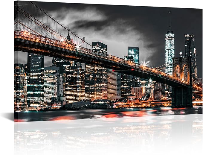 RyounoArt New York City Pictures Wall Art NYC Skyline Canvas Paintings Brooklyn Night Cityscape Prints Wall Decor Framed 20x36 Inch-Ruum Studio Home