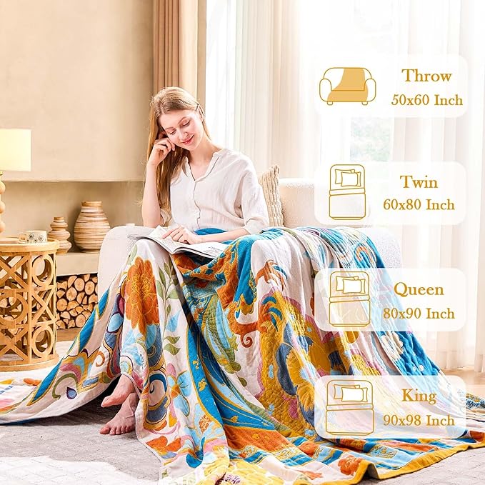 Boho Throw Blanket, Lightweight Blankets for Summer, 100% Cotton Bohemian Decorative Throw Blanket, 60"x80" Reversible Muslin Breathable Woven Farmhouse Blankets Quilt,-Ruum Studio Home