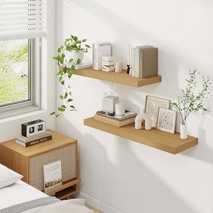 Fun Memories Floating Shelves for Wall, 32 Inch Rustic Wood Wall Mounted Shelves for Bathroom, Bedroom, Kitchen, Living Room, Deep Floating Shelves for Storage & Home Decor (Oak, Set of 2)-Ruum Studio Home