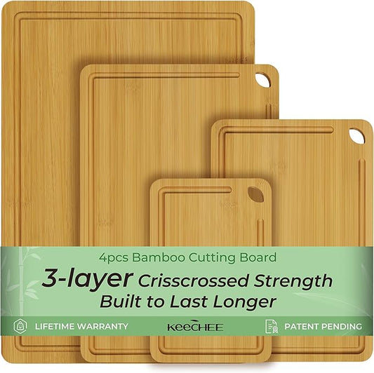 4-Pcs Natural Wood Cutting Board Set Kitchen Tools with Juice Groove, Wooden Chopping Board for Meat, Fruit, Vegetables & Cheese (Pre Oiled, Natural)-Ruum Studio Home