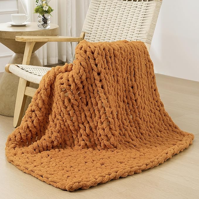 Bigacogo Chunky Knit Throw Blanket for Couch, 40x40 inches, 100% Hand Knitted with Thick Jumbo Chenille Yarn, Cozy Soft Large Rope Knot Cable Crochet Blankets for Sofa Bed Living Room, Burnt Orange-Ruum Studio Home