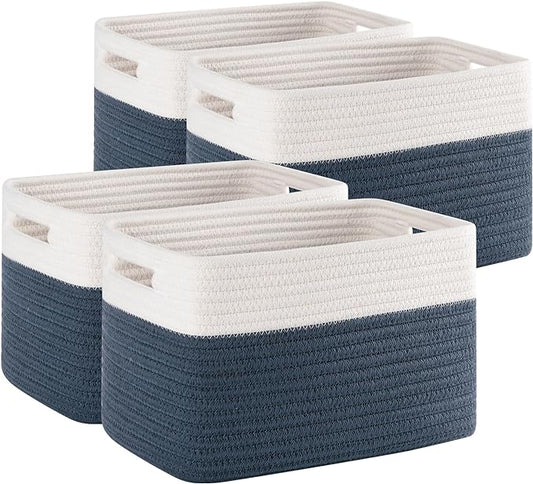 4 Pack Storage Baskets for Organizing, Woven Baskets for Shelves - Perfect for Toys, Books, Towels, and Clothes, Durable Gift Basket Bins Toy Storage, 12.7''L x9''W x7.8''H, Blue and White-Ruum Studio Home