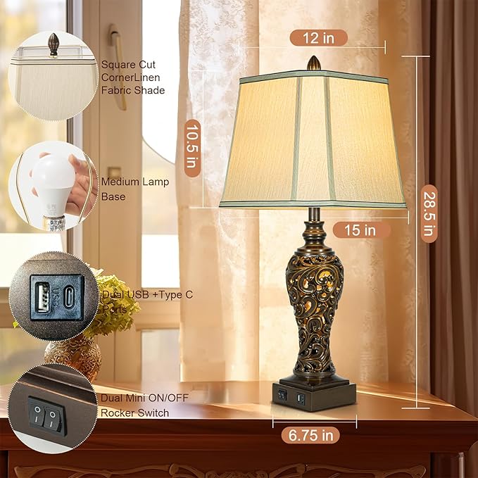 28.5" high Vintage Brown Table Lamps Set of 2 - Bedside Lamp with Faux Silk Shades - for Bedroom and Living Room with USB and Nightlight - Perfect for Nightstands and Bedrooms (Bulb Included)-Ruum Studio Home