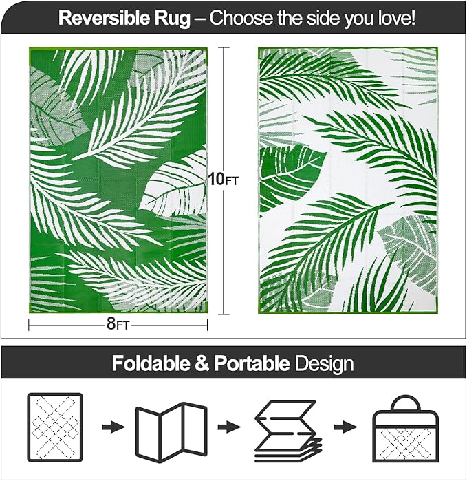 Waterproof Outdoor Rug 8x10ft, Green Leaf Reversible Plastic Straw Mat for Patio RV Deck Porch Backyard Balcony Camping Picnic Beach Indoor Outdoor Carpet, Green&White-Ruum Studio Home