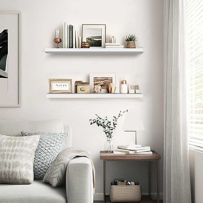 Floating Wall Shelves 2-Pack - 24-Inch Rustic White Wooden Shelves for Storage and Décor, Easy Installation for Living Room, Bedroom, and Kitchen-Ruum Studio Home