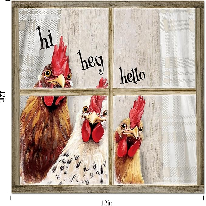 Visual Art Decor Funny Rooster Wall Art Chicken Picture Rustic Farmhouse Front Door Welcome Sign Framed 12x12 inch, Rustic Brown-Ruum Studio Home