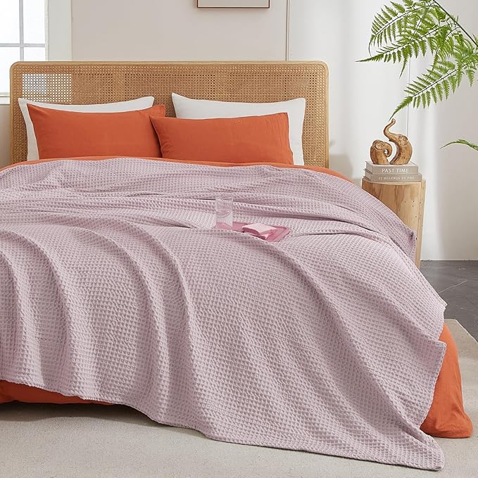 PHF Ultra Soft Waffle Weave Blanket Twin Size 66"x 90"- Washed Lightweight Breathable Cozy Woven Blanket for Bed - Aesthetic Decor for Couch Bedding Sofa Home Car - Dusty Rose-Ruum Studio Home