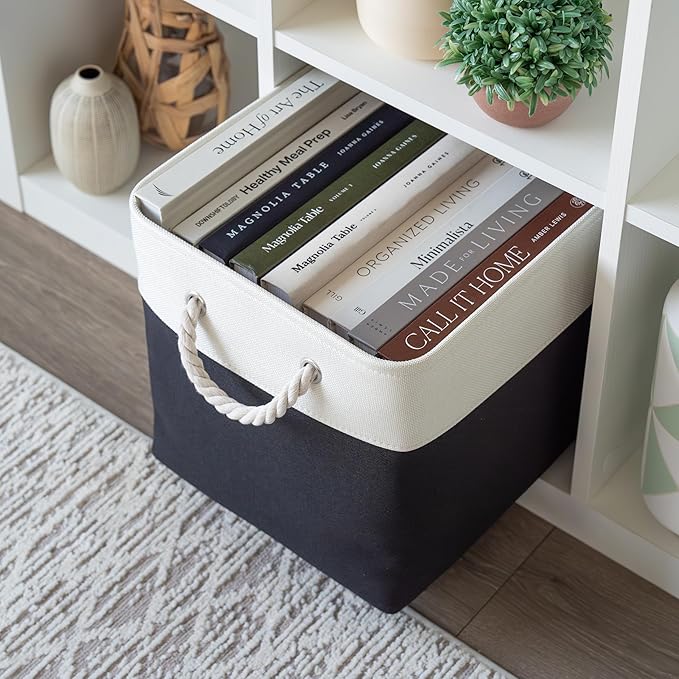 OrganiHaus 12x12 Cube Storage Bins 4 Pack, Foldable Cube Storage Organizer w/ Rope Handles, Collapsible Fabric Bins for Toys, Clothes & Closet Organization, Fabric Square Baskets - Black/White-Ruum Studio Home