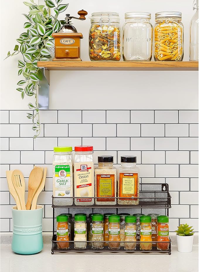 CAXXA 2 PK 2 Tier Mesh Kitchen Counter-top or Wall Mount Spice Rack Jars Storage Organizer, Bronze-Ruum Studio Home