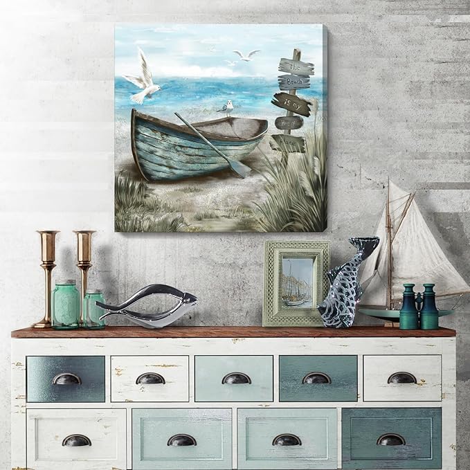 Canvas Wall Art Beach Décor Wall Picture Rustic Coastal Sand Canvas Print Ocean Nautical Painting Seascape Sea Bird Vintage Ship Boat Artwork for Seaside Living Room Bedroom Bathroom Decor Blue Large-Ruum Studio Home
