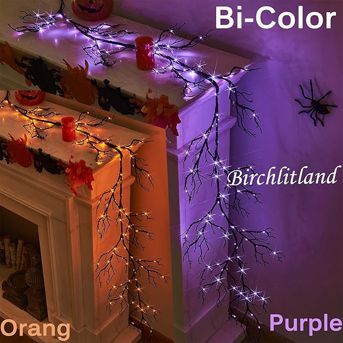 Birchlitland Halloween Lighted Garland 6FT 120L Orange and Purple Bi-Color LED Lights 8 Functions, Black Glittered Garland Lights Battery Operated for Indoor and Outdoor Halloween Party Decoration-Ruum Studio Home