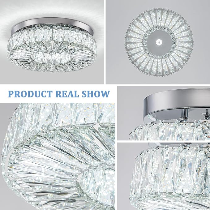 16.5 Inch Dimmable Chandelier with Remote Control LED Crystal Chandelier Modern Flush Mount Ceiling Light Fixtures for Living Room Bedroom Dining Room Entrance (dimmable-16.5")-Ruum Studio Home