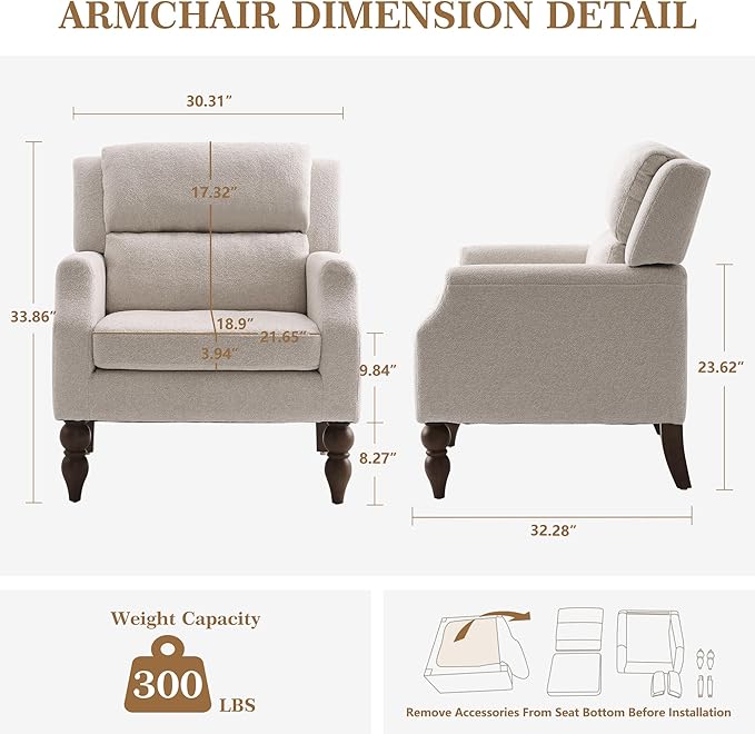 Kidol & Shellder Beige Oversized Accent Chair for Living Room Set of 2 Modern Reading Chair with Back Wide Upholstered Comfy Single Sofa Chair for Bedroom Lounge Side Corner Boucle Fabric Armchair-Ruum Studio Home