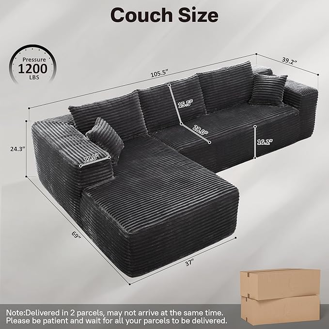 104" Cloudy Sectional L Shaped Couch for Living Room, No Assembly Required, Modular Comfy Sofa with Deep Seat, Fluffy Couch with Sleeper Chaise for Apartment Lounge (Grey)-Ruum Studio Home