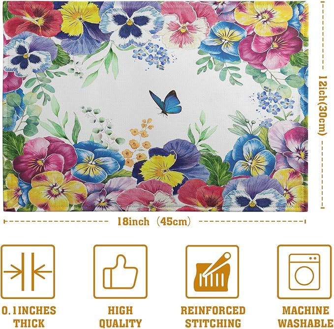 Watercolor Flowers Placemats Set of 4 Spring Summer Floral Butterfly Linen Fabric Table Mats Pansy Flower Eucalyptus Leaves Washable Place Mats for Farmhouse Dining Table Kitchen Decoration-Ruum Studio Home