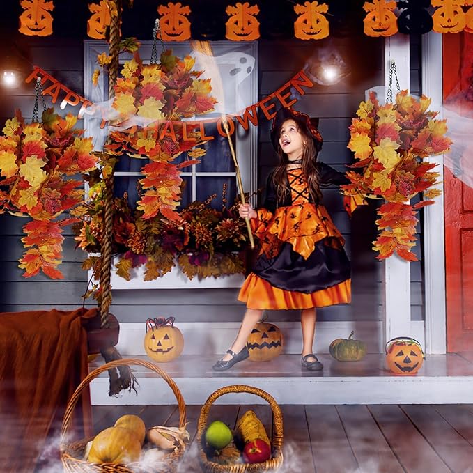 Fall Maple Leaf Hanging Plants Artificial Autumn Leaves Vines Outdoor Autumn Outdoor Decor, Artificial Fall Maple Leaves, Hanging Plants for Autumn Harvest Festival, Fake Plants Indoor(Yellow)-Ruum Studio Home
