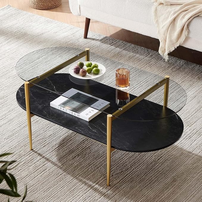 Oval Glass Coffee Table, Mid-Century Modern Design, L41 x W21 x H17 inch, for Living Room, Grey Glass Top, Black Marble Finish Wood Shelf & Gold Finish Frame-Ruum Studio Home