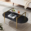 Oval Glass Coffee Table, Mid-Century Modern Design, L41 x W21 x H17 inch, for Living Room, Grey Glass Top, Black Marble Finish Wood Shelf & Gold Finish Frame-Ruum Studio Home