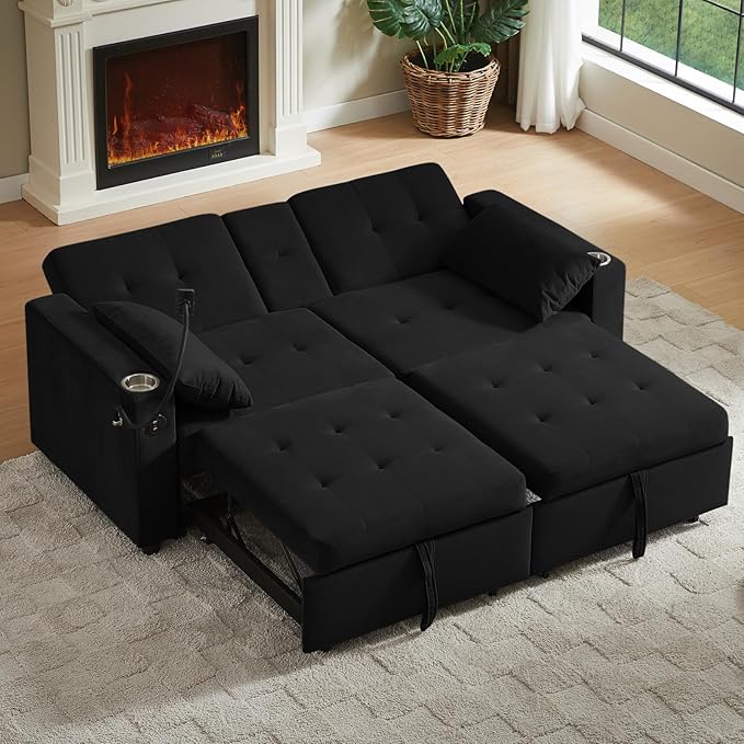 70" Queen Size Sofa Bed for Living Room – Pull-Out Sleeper Sofa Couch with Cup Holder, Phone Holder, USB Charging Port, Solid Wood Frame, Easy Assembly, Space-Saving Design for Small Apartments-Ruum Studio Home
