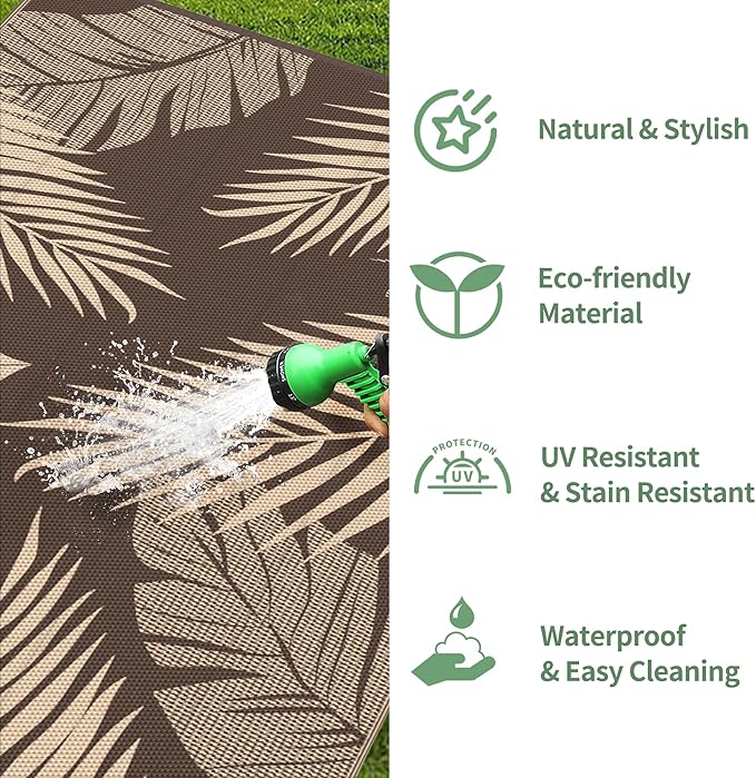 GENIMO Outdoor Rug 3' x 5' Waterproof for Patios Clearance, Reversible Outdoor Plastic Straw Camping Rug Carpet, Large Area Rugs Mats for RV, Camper, Deck, Balcony, Porch, Beach, Coffee&Beige-Ruum Studio Home