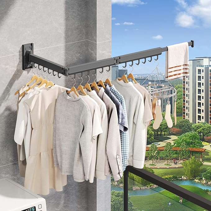 Wall Mounted Clothes Drying Rack,Laundry Drying Rack Wall Mount,Clothes Hanger,Drying Rack Clothing,Retractable Laundry Rack for Hanging Clothes,Collapsible,Foldable,Grey-Hooks-Ruum Studio Home