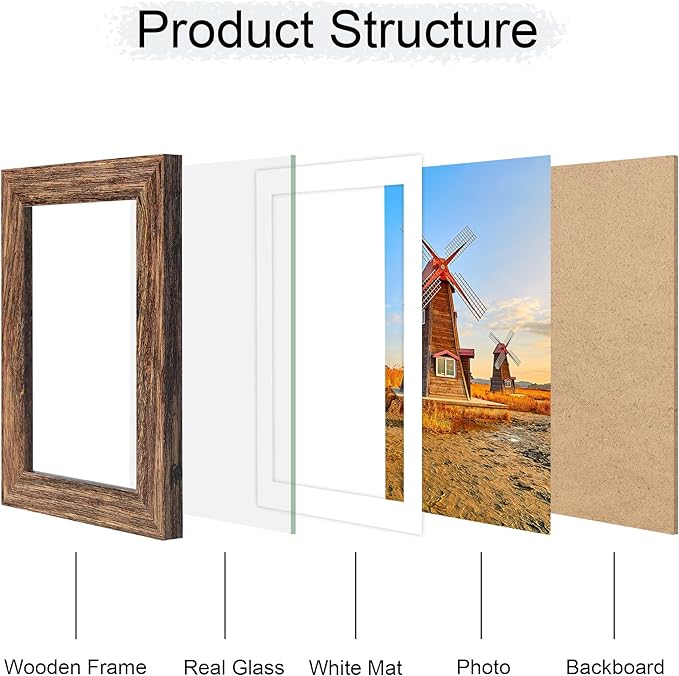 4x6 Picture Frame Set of 4, 4 x 6 Wood Photo Frames with Mat for 3.5x5, Natural Wooden Frame with Real Glass Cover for Wall and Tabletop Display,Rustic Brown-Ruum Studio Home