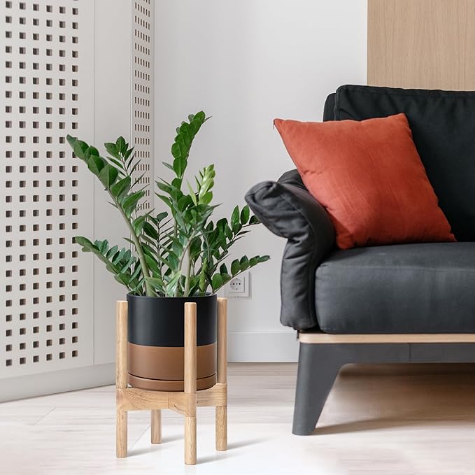 D'vine Dev Ceramic Planter with Natural Stand - 8 Inch Modern Round Flower Pot with Wood Planter Holder, Black/Speckled Tan, 55-B-N-7-Ruum Studio Home