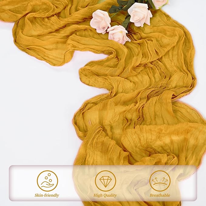 6 Pack Mustard 10FT Cheesecloth Table Runner Rustic Gauze Fabric Cheese Cloth Table Runner for Wedding Bridal Baby Shower Table Decor Boho Sheer Birthday Party Table Decorations 20 x 120 Inch Long-Ruum Studio Home