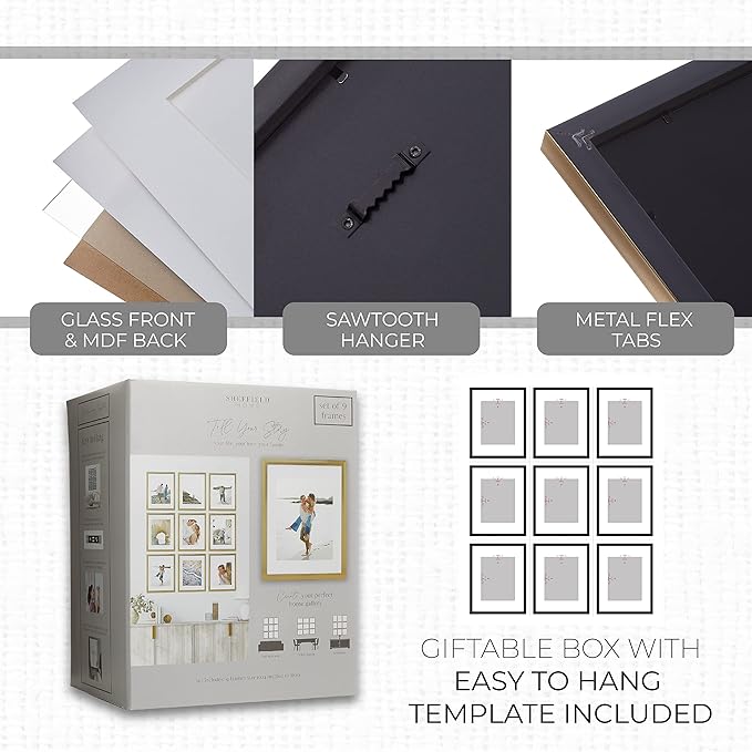 Sheffield Home 9 Piece Gallery Wall Frame Set, 11x14 Inch, Gold-Ruum Studio Home