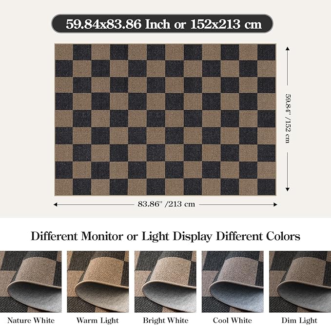Lahome Checkered Easy Jute Living Room Rugs, 5x7 Black Dining Room Office Rug Farmhouse Washable Carpet, Checkerboard Neutral Non Slip Indoor Outdoor Carpet for Bedroom Entry Patio-Ruum Studio Home