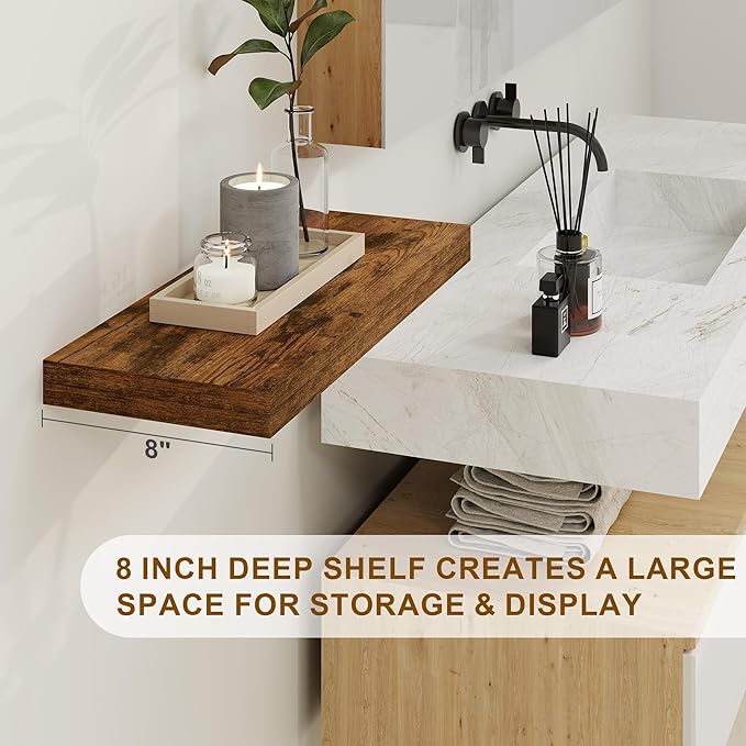 Floating Shelves, 8 Inch Deep Floating Shelves, 24"W x 8"D Wall Shelves Set of 2, Rustic Wood Floating Shelf for Home Decor, Deep Storage Shelves for Kitchen, Bedroom, Living Room, Rustic Brown-Ruum Studio Home