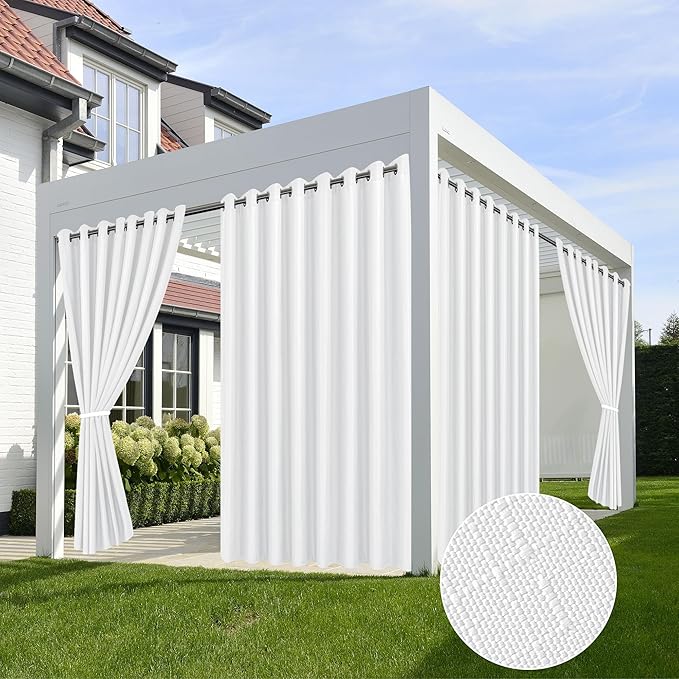 HolidayIdeas 4 Panels Linen Outdoor Curtains for Patio Waterproof White Curtain Panels 95 Inch Length-Wide Weatherproof, Privacy, Outside Curtains for Pergola, Porch, Gazebo-110 Wide x 95" Long-Ruum Studio Home