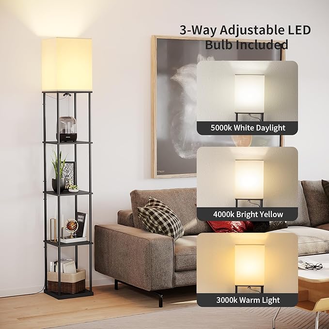SUNMORY 5 Tier Floor Lamp with Shelves, Modern Square Standing Lamp with 3 Color Temperature Bulb, Corner Display Bookshelf Lamp for Living Room and Bedroom, Tall Shelf Floor Lamp-Ruum Studio Home