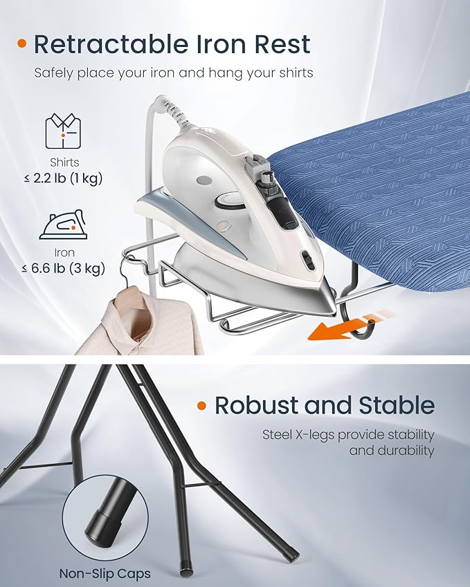 SONGMICS Ironing Board, Foldable Iron Board, Height Adjustable up to 35 Inches, with 4 Layered Cover and Pad, Iron Rest, Hook, Steel X-Legs, for Home, Laundry Room, Dorm, Midnight Blue ULLB001Q01-Ruum Studio Home