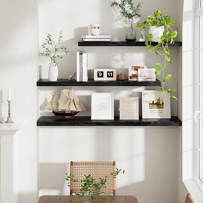 40 Inch Floating Shelves Black, 40" W x 9" D Floating Shelf Set of 2, Farmhouse Wood Wall Shelves for Bedroom, Kitchen, Wall Mounted Deep Shelving for Home Decor-Ruum Studio Home