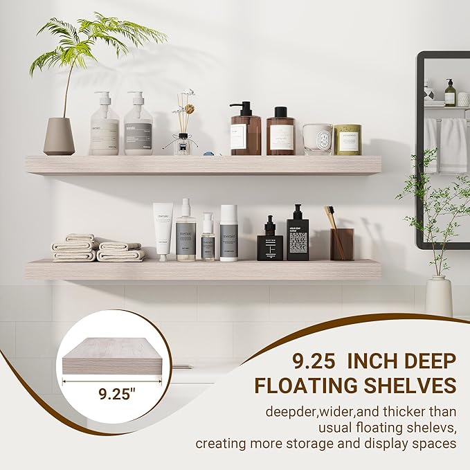 36 Inch Floating Shelves, 3D Textured Wood Grain, 36"x9.25"x1.5" Inch Deep Floating Shelves for Wall, Wooden Shelves for Bathroom, Bedroom, Living Room, Washed White-Ruum Studio Home
