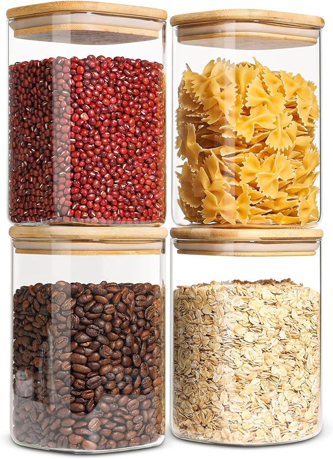 ComSaf Glass Storage Containers with Lids, 1.2 Qt Glass Jars with Lids, Clear Food Storage Jar, Canister For Pantry Cookie Flour Cereal Rice Sugar Tea Coffee Beans Spice, Square Set of 4-Ruum Studio Home