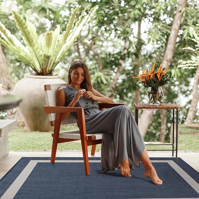 CAMILSON Outdoor Rug 10x14, Large Modern Outside Rugs for Patios Porches Waterproof Durable Washable Non-Shedding, Easy-to-Clean Indoor Outdoor Area Carpet (10 x 14, Bordered - Blue/White)-Ruum Studio Home