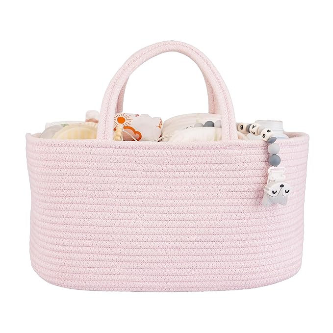 Large Baby Diaper Caddy Organizer for Girl Boy Rope Nursery Storage Bin Basket Portable Holder Tote Bag for Changing Table Car Travel Baby Shower Gifts Newborn Essentials Registry Must Haves Pink-Ruum Studio Home