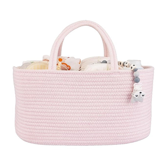 Large Baby Diaper Caddy Organizer for Girl Boy Rope Nursery Storage Bin Basket Portable Holder Tote Bag for Changing Table Car Travel Baby Shower Gifts Newborn Essentials Registry Must Haves Pink-Ruum Studio Home