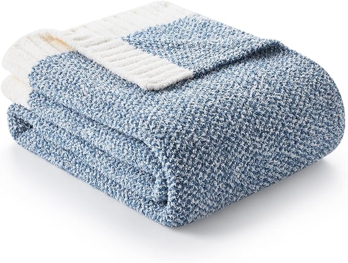 Snuggle Sac Blue Throw Blankets for Couch, Reversible Super Soft Warm Blankets Cozy Knit Blanket Fuzzy Plush Throws for Sofa, Bed, Gift, Heather Blue, 50 x 60 inches-Ruum Studio Home