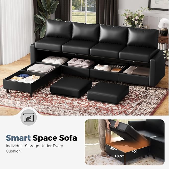 Faux Leather Single Sofa with Storage Ottoman, Modern Accent Chair Deep Seat Large Reading Armchair, Chaise Lounge Chair for Living Room Bedroom Office Black-Ruum Studio Home
