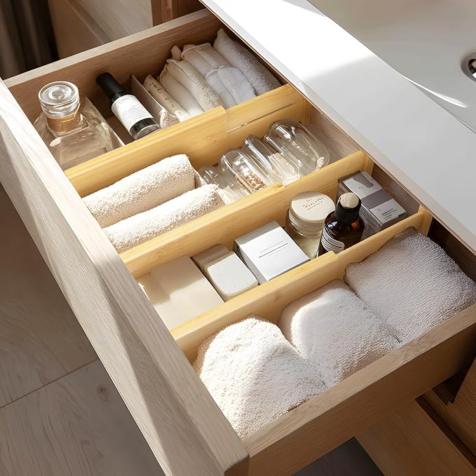 VaeFae 3 Pack Bamboo Drawer Dividers, 4" High Adjustable 16.6" - 21.8" Clothes Drawer Organizers, Expandable Separators for Bedroom/Bathroom/Kitchen/Office Storage-Ruum Studio Home