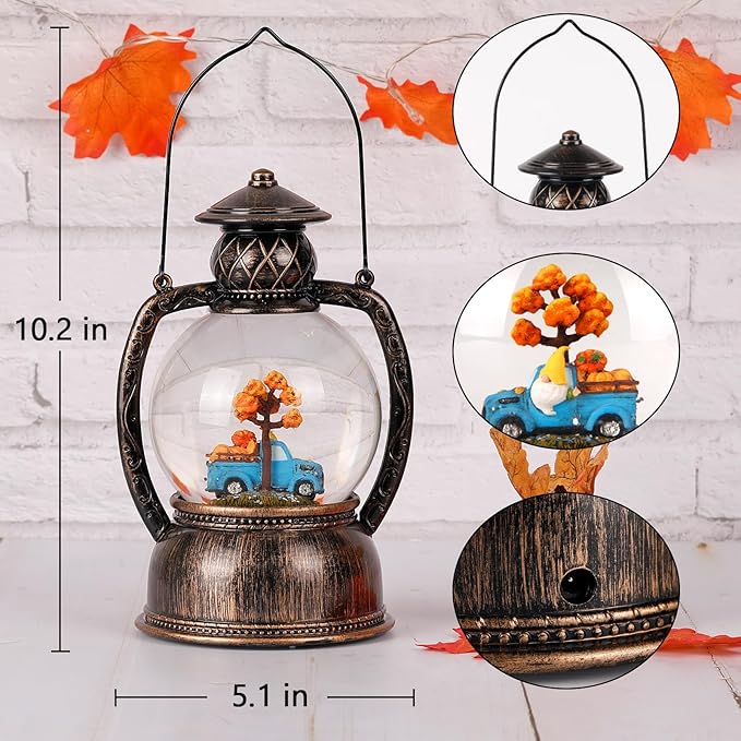 Fall Snow Globes, Blue Truck Pumpkin and Gnome Scene Snow Globes, Glittering Lantern with Timer, Snow Globe Lantern USB or Battery Powered for Fall Festival Thanksgiving Day Decor-Ruum Studio Home