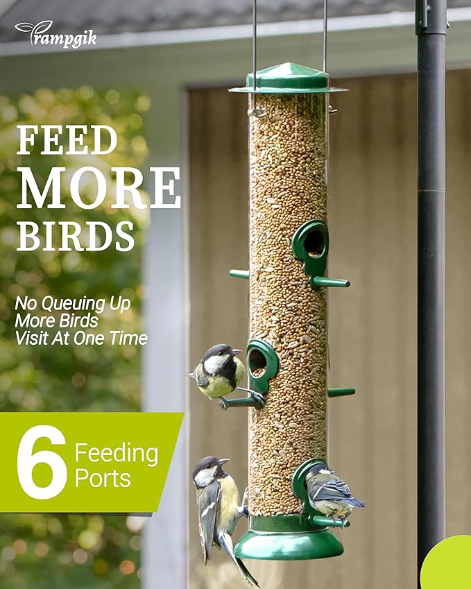 Metal Tube Bird Feeders for Outdoors Hanging,Finch Feeders for Outside,Chew-Proof Hanging Birdfeeder,Squirrel-Proof 6 Ports Bird Feeder 13 Inch,Anti-Rust,Green,1 Pack(Seed is not Included)-Ruum Studio Home