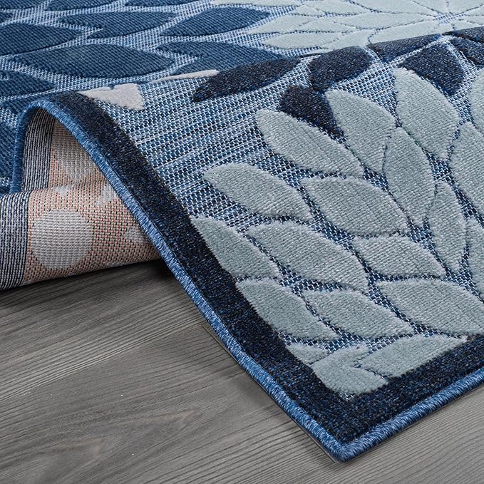 Beverly Rug Outdoor Runner Rug 2x7 Modern Floral Tropical Area Rugs for Indoor and Outdoor Patio Easy to Clean Non Shedding Living Room Porch Garden Washable Outside Carpet (2 x 7 Navy Blue)-Ruum Studio Home