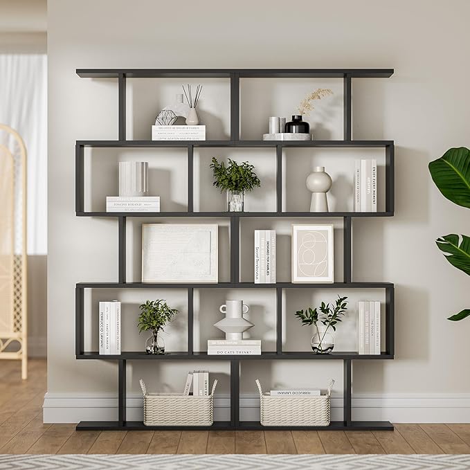 Black 5-Tier Geometric Bookcase, S-Shaped Modern Bookshelf Set of 2, 62.6" Tall Room Divider Book Shelf, Decorative Display Shelf-Ruum Studio Home